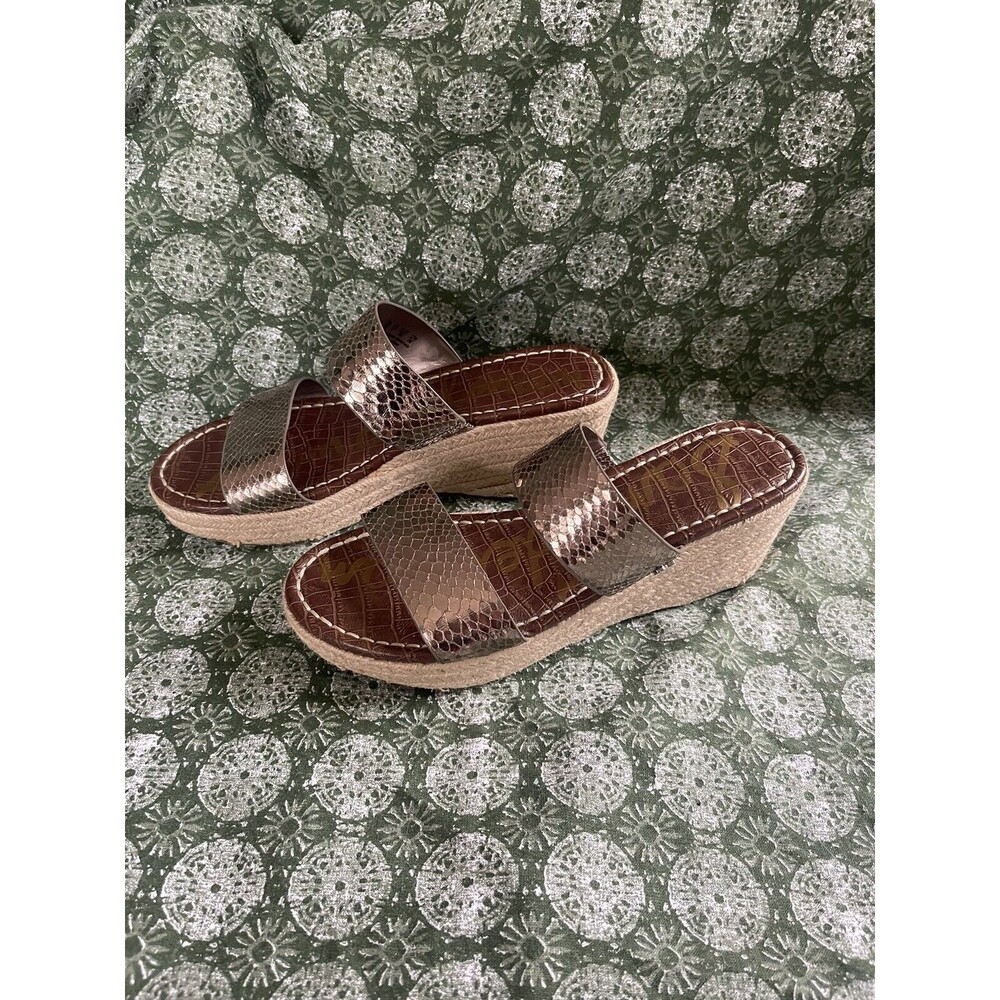 Sam Edelman Womens 9 M Gold Snake Print Slip On Wedge Slides Sandals